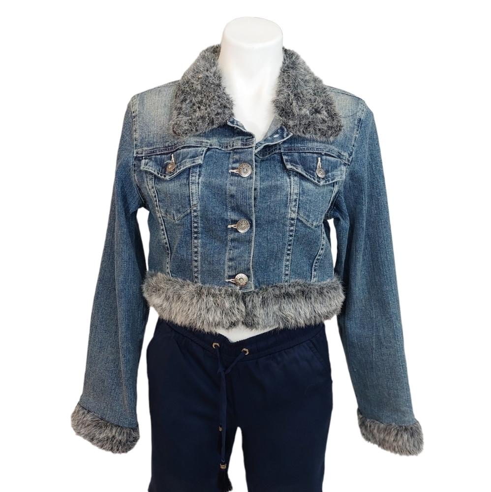 Americana Blues Denim Crop Jean Jacket Faux Fur Details Size L - Picture 5 of 9